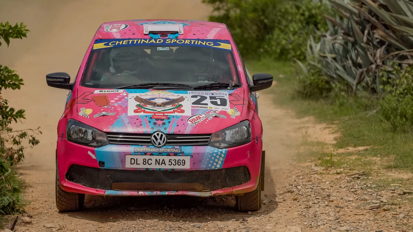 Rally car head-on on a gravel stage at Dakshin Dare