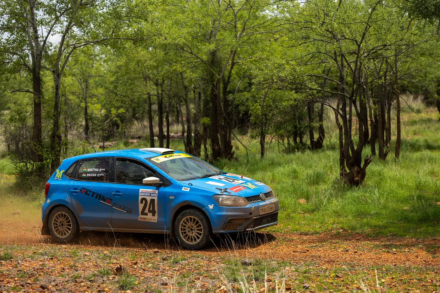 Rally car on a forest gravel stage at Dakshin Dare